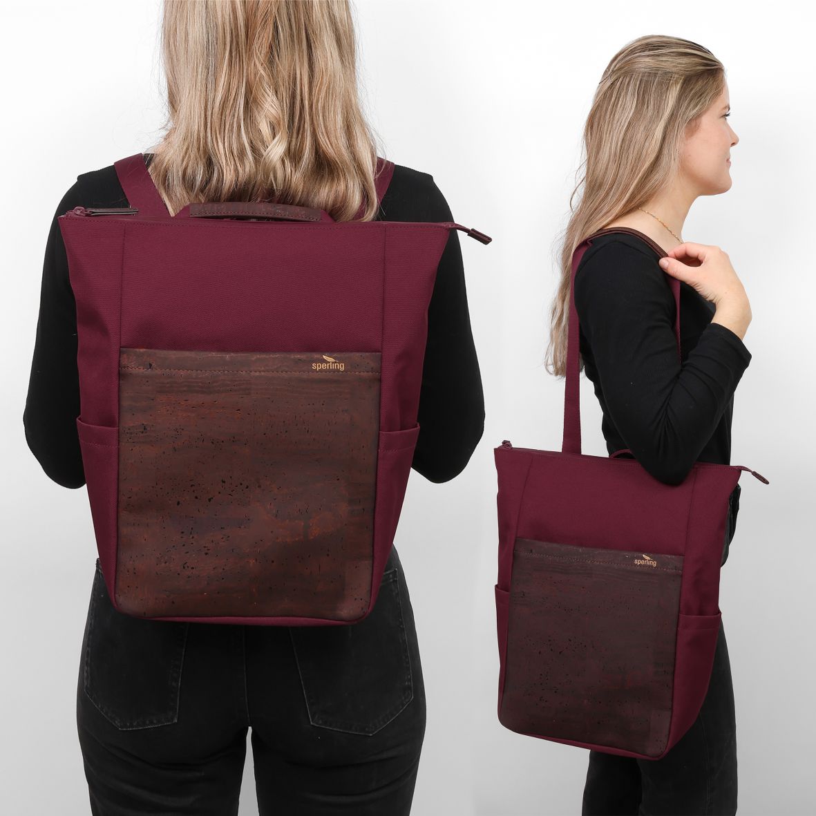 Nachhaltiger Rucksack aus Kork mit Flaschenfach in rot #Farbe_Robin Chocolate