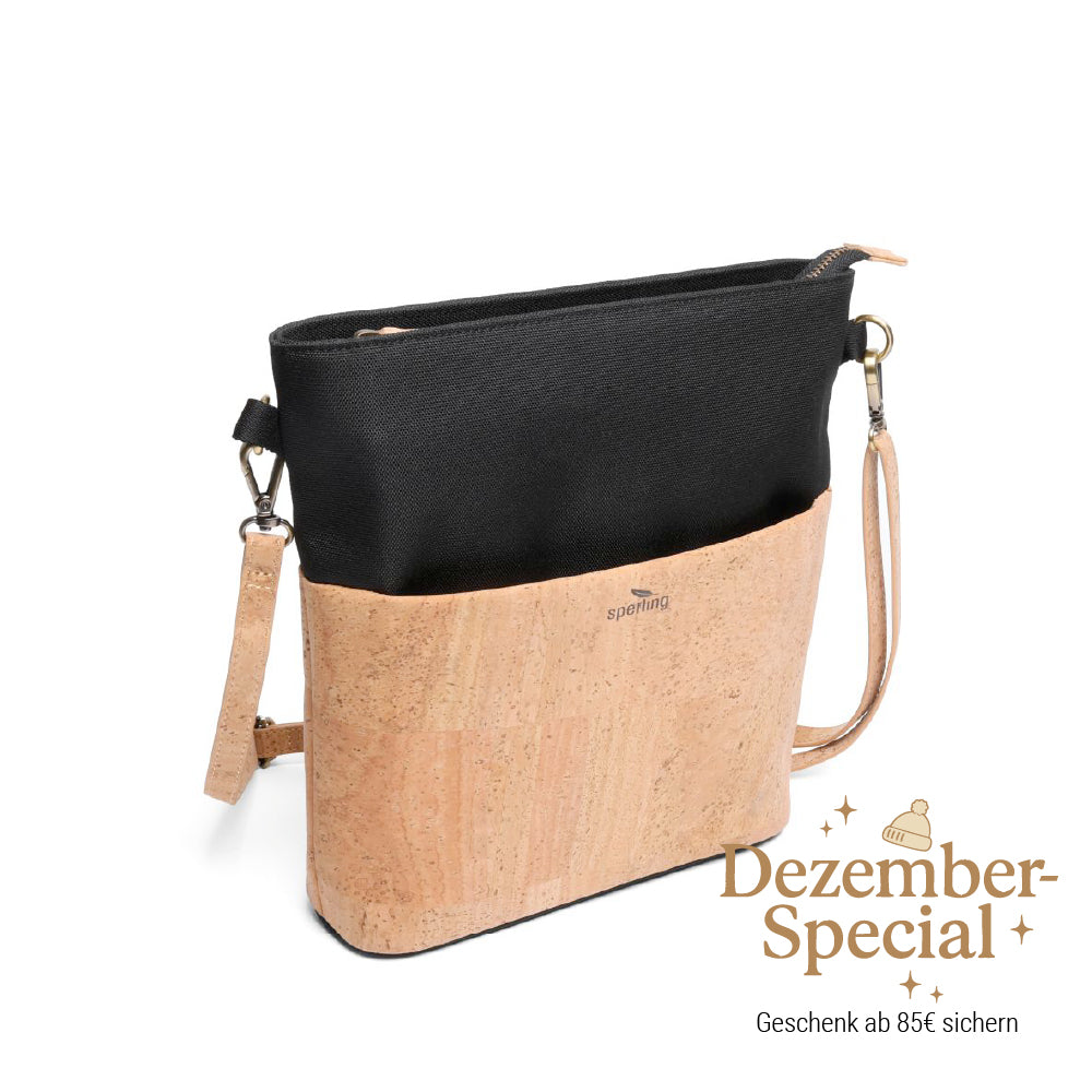 Kork Handtasche mit schmalem Gurt für Damen #Farbe_Raven Cream