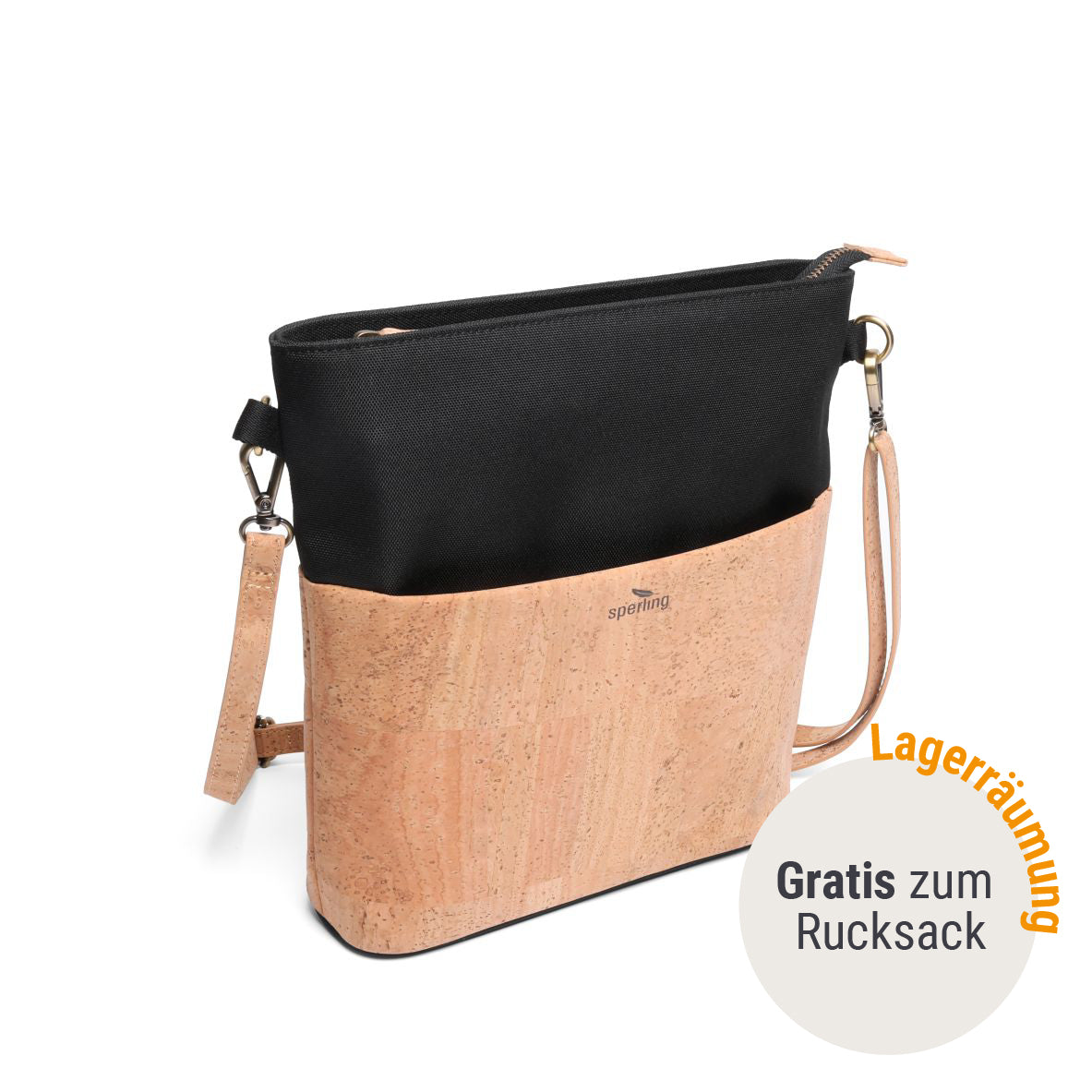 Kork Handtasche mit schmalem Gurt für Damen #Farbe_Raven Cream
