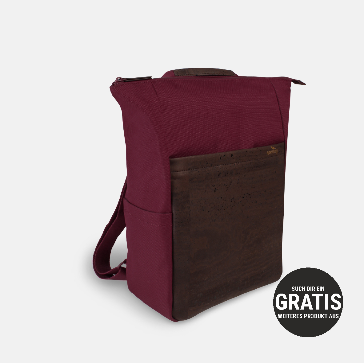 Nachhaltiger Rucksack aus Kork mit Flaschenfach in rot #Farbe_Robin Chocolate